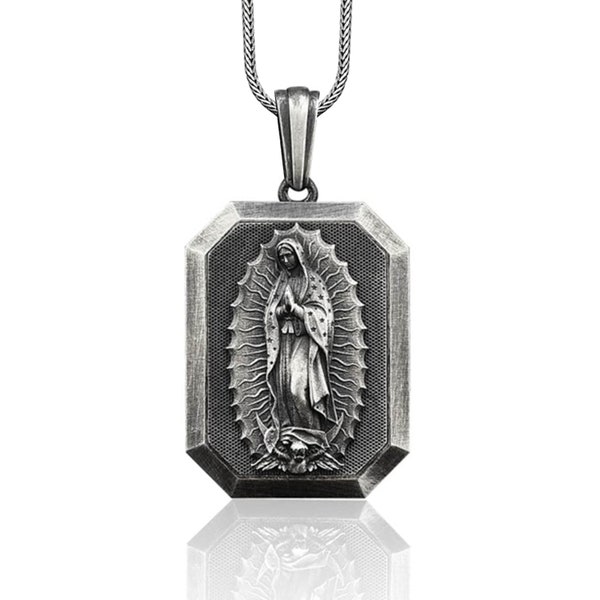 Collier en argent personnalisé Notre-Dame de Guadalupe, pendentif pour homme en argent Guadalupe, collier religieux Vierge Marie, cadeau pour mari chrétien