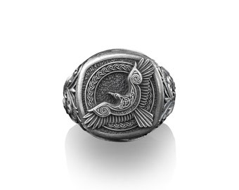 Tiny Trinity Celtic Raven Square Signet Ring, Viking Norse Mythology, Sterling Silver Mens Rings, Pinky Rings for Women, Long Distance Gifts
