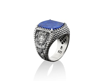 Lapis lazuli gemstone ring with Chinese dragon engravings on the sides, 925 sterling silver asian mythology ring for men, Silver man rings