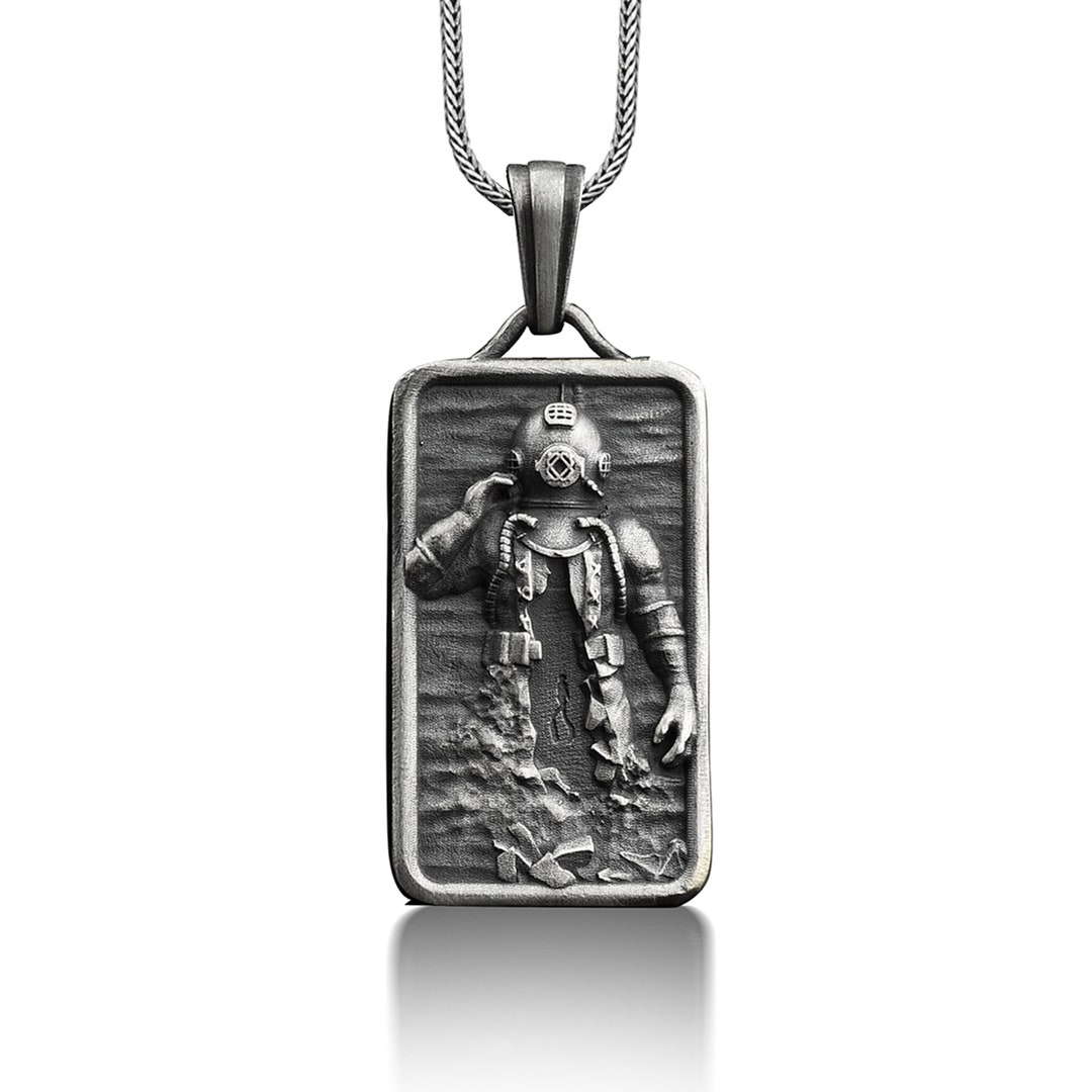 925 Sterling Silver Scuba Diver Necklace for Men, Rectangle Pendant