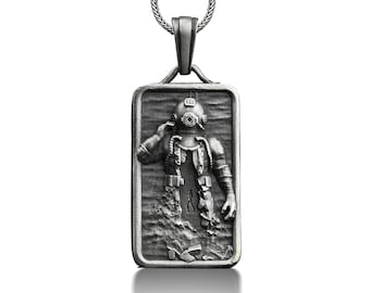 925 sterling silver scuba diver necklace for men, Rectangle pendant with custom name, Personalized scuba diving necklace