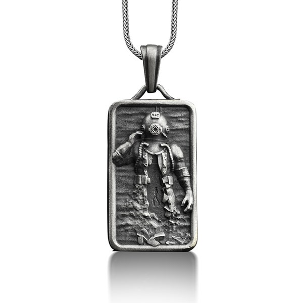 Collier de plongée en argent sterling 925 pour homme, pendentif rectangle avec nom personnalisé, collier de plongée sous-marine personnalisé