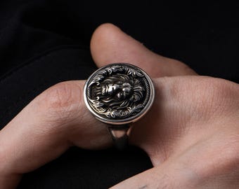 Unique Royal Lion Engraved Silver Men's Ring, Victorian Pattern with Lion Head Engraved Jewelry Husband Gift