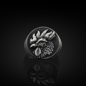 Rooster Handmade Sterling Silver Men Signet Ring, Cockerel Animal Signet Ring, Rooster Silver Engraved Ring, Cockerel Silver Men&#39;s Jewelry