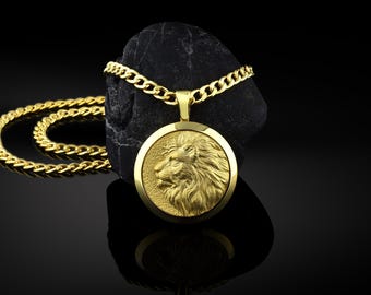 18k gold lion pendant necklace for men, Lion head medallion, 21k gold lion gift, unique men's gold lion necklace gift, Aniiversary gifts