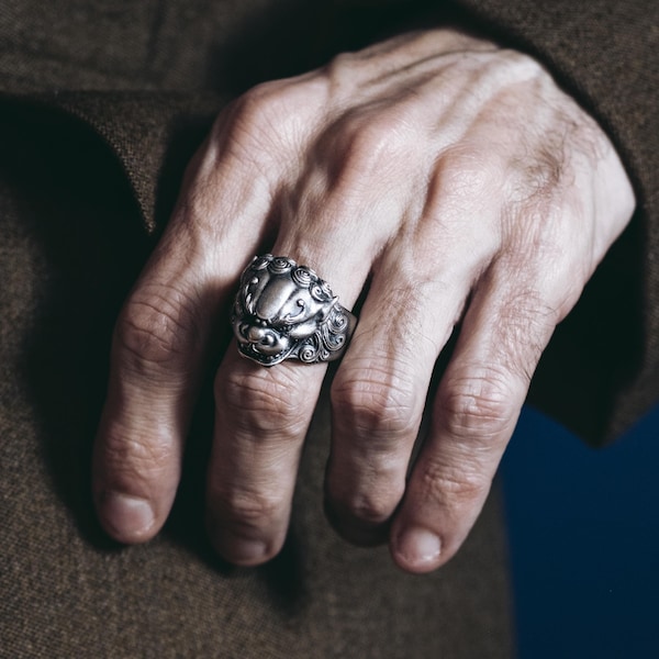 Foo Dog Handmade Silver Ring, 3D Fu Dog Silver Men Jewelry, Chinese Guardian Lion Sterling Silver Men Ring, Shishi Chinese Buddism Men Gift