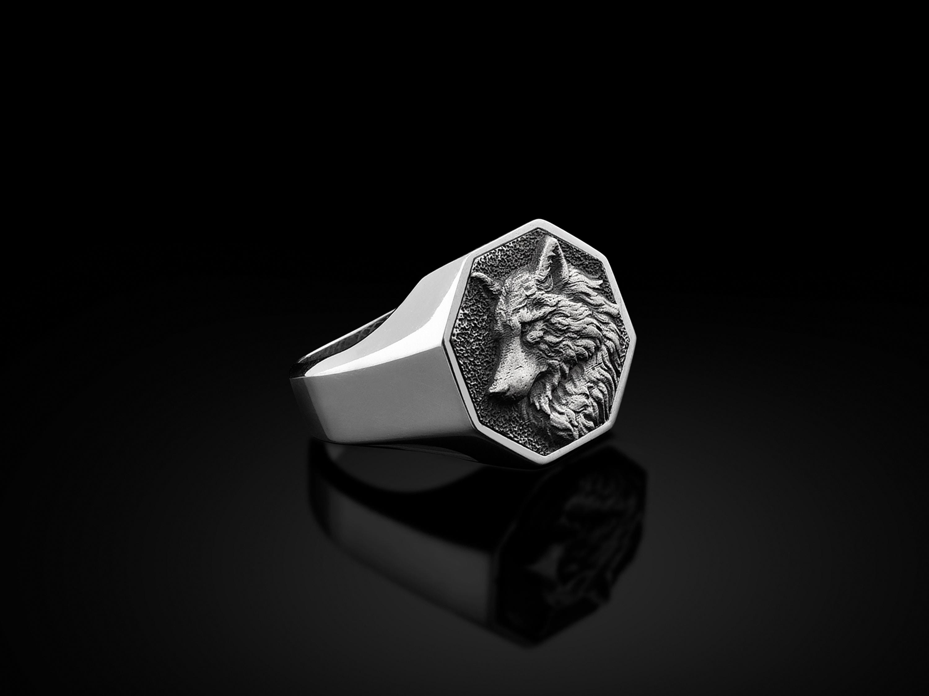 Howling Wolf Sterling Silver Men's Signet Ring - 925 Silver Handmade Boho Wolf Jewelry, No Gemstone