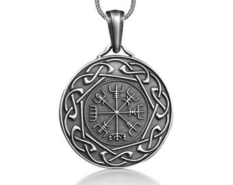 Vegvisir with knot coin pendant necklace in silver, Viking compass necklace for nordic, Norse mythology necklace for dad