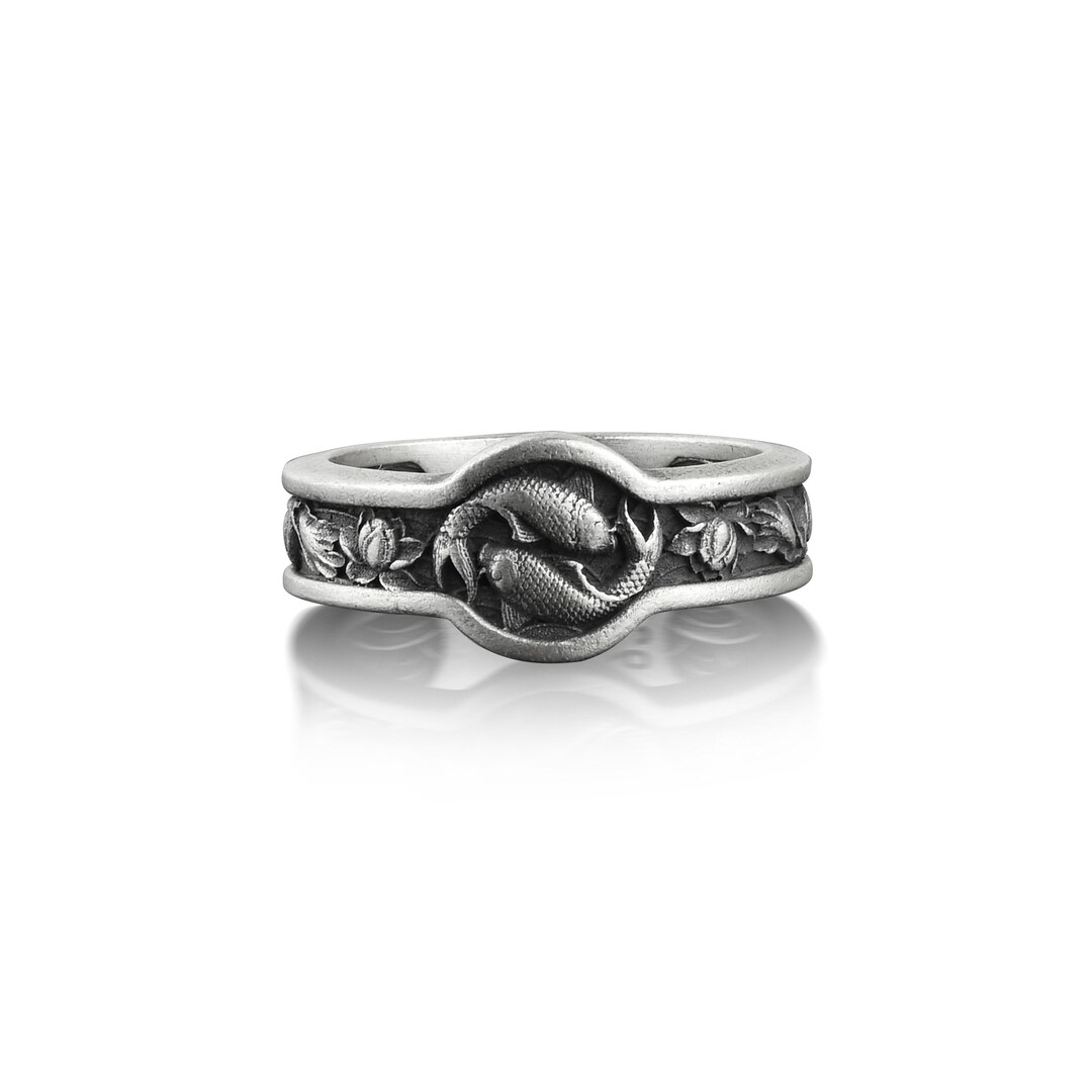 Koi Fish and Lotus Mens Nature Ring, Animal and Botanical Ring in