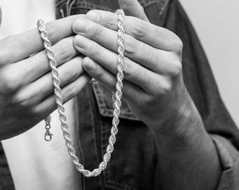 925 sterling silver rope chain necklace, 8mm rope chain jewelry, Gift for Bestfriend, Polished silver rope link chain, Gift for wedding day