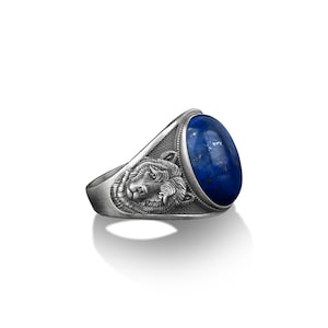 Sterling silver brown bear with lapis stone silver men ring, Bear face engraved lapis lazuli man ring, Blue gemstone ring, Spirit men rings