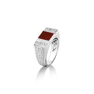 925 sterling silver flat red agate men ring, engraved greek syombols men ring, Unique carnelian men ring in silver for men, Gemstone jewelry