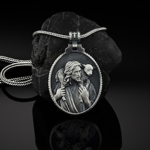 Silver Jesus Shepherd Men Necklace, Silver Christian Pendant, Men Religious Jewelry, Solid Silver Jesus Medallion, Catholic Jesus Mens Charm