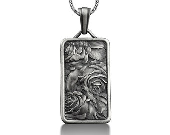 Rose flower rectangle pendant necklace with custom name, Personalized floral necklace for girlfriend, Mama necklace