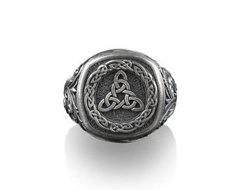 Celtic Tripple Goddess Brigid's Knot, Sterling Silver Square Signet Ring, Scandinavian Men Ring, Mens Engraved Rings, Pinky Rings for Women