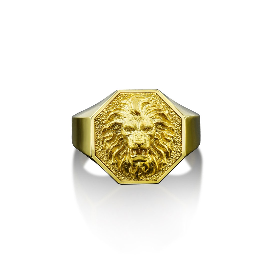 10K Gold Lion Mens Ring, Lion Rings, 18K Gold Lion Head Men Ring