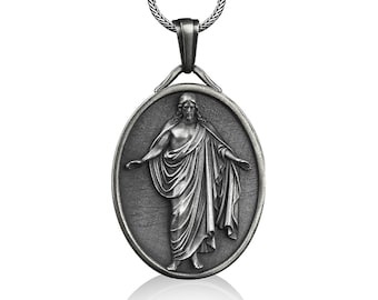 Jesús Resucitado La Estatua de Christus Medalla Ovalada de Plata, Collar Personalizable, Regalos Católicos para Mujeres, Collar Hombres Cristianos de Plata