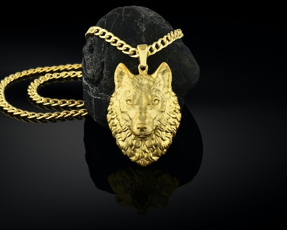 Gold Wolf Necklace 14k Gold Mens Wolf Pendant With Cuban Etsy Gold Wolf Necklace 14k Gold Mens Wolf Pendant With Cuban Etsy