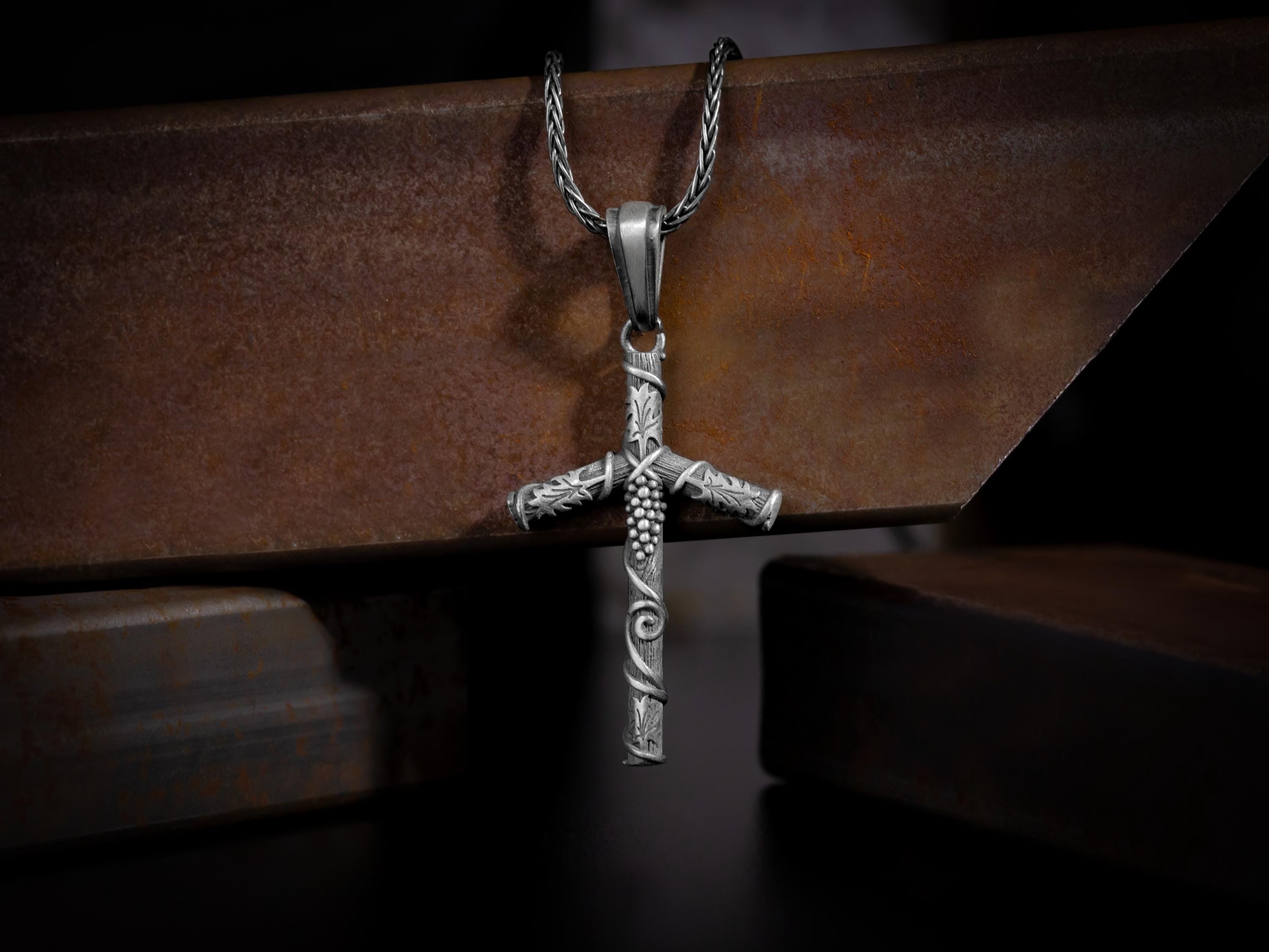 Saint Nino's Cross Charm Silver Men Necklace, Grape Cross Pendant