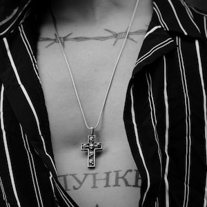 Skull in cross sterling silver necklace for men, Gothic cross pendant for boyfriend, Occult necklace for best friend