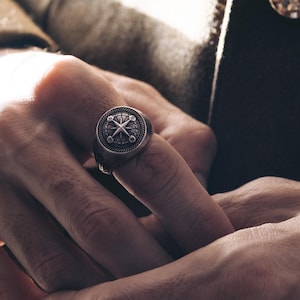 Anchor On Side Compass Signet Ring, Sterling Silver Ocean Jewelry, Compass Jewelry, Anchor Jewelry, Engraved Ring, Best Friend Gift