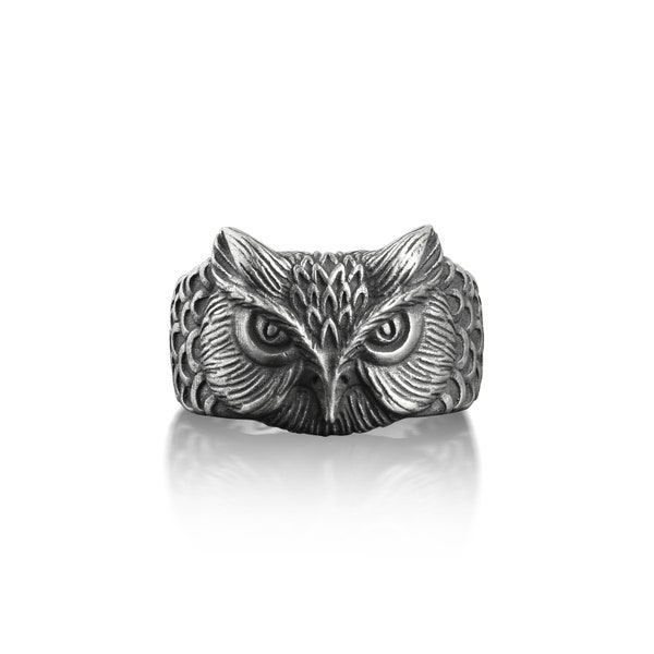 Owl Mens Ring in Oxidized Silver, Cool Birds of Prey Ring For Boyfriend, Engraved Animal Ring For Men, Pinky Bird Ring, Husband Ring Gift