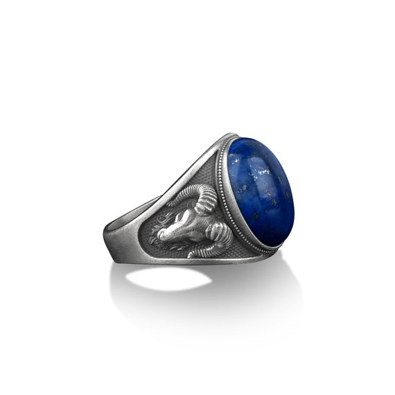 Bague Ancienne Argent Massif Tête De Bélier Avec Saphir Bleu - Style Art Déco, Occasion