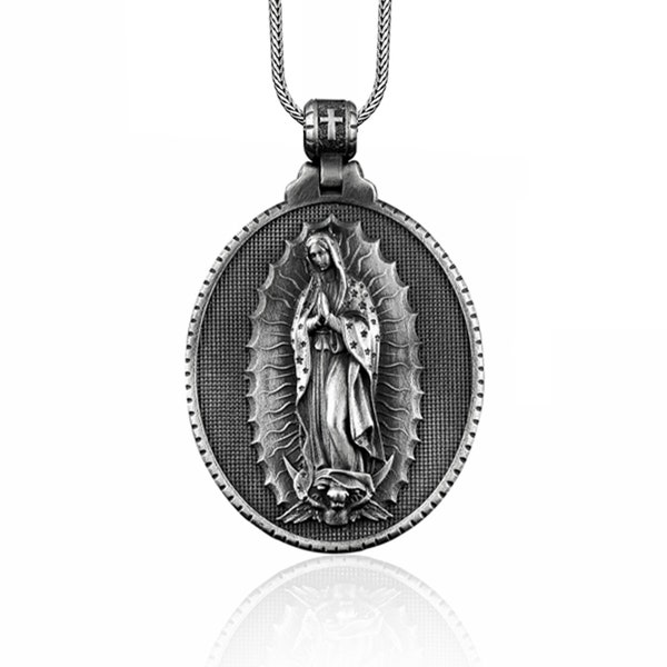 Collier homme Vierge Marie Guadalupe en argent, médaillon Sainte Mère, collier Notre-Dame de Guadalupe, breloque en argent Guadalupe, collier catholique