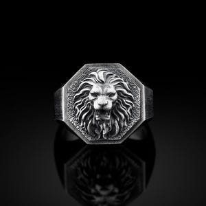 Handmade Oxidized Silver Men Lion Ring, Lion Head Signet Silver Man Ring, Sterling Silver African Lion Men Jewelry, Lion Boho Men Gift Rings