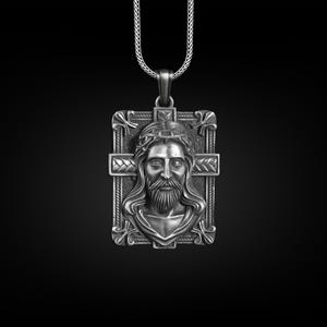 Jesus Mens Necklace, Christ Jesus Pendant, Religious Silver Man Pendant, Religious Charm Medallion, Catholic Men Pendant, Crucifix Necklace