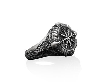 Vegvísir Handmade Sterling Silver Men Signet Ring, Viking Wayfinder Gothic Men Jewelry, Norse Mythology Ring, The Helm of Awe Ring For Men