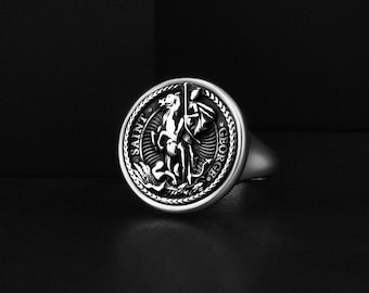 Signet Silver Men's Ring with Saint George and Dragon Engraved, Personalized Wedding Gift Jewelry for Christians
