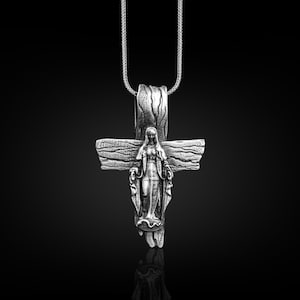 Blessed Virgin Mary Cross Necklace, Oxidized Virgin Mary Faith Pendant in Silver, Religious Necklace For Christian, Confirmation Necklace