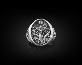 Moon Angel Ring with Intaglio Tree, Night Angel Viking Ring For Men, Oval Signet Ring in Sterling Silver, Mystic Ring For Best Friend