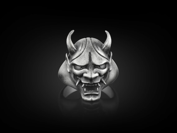 Hannya Mask Ring for Men in Sterling Silver, Demon Ring For Men in Gothic Style, Devil Ring For Boyfriend, Japanese Oni Mask Ring, Men Gift