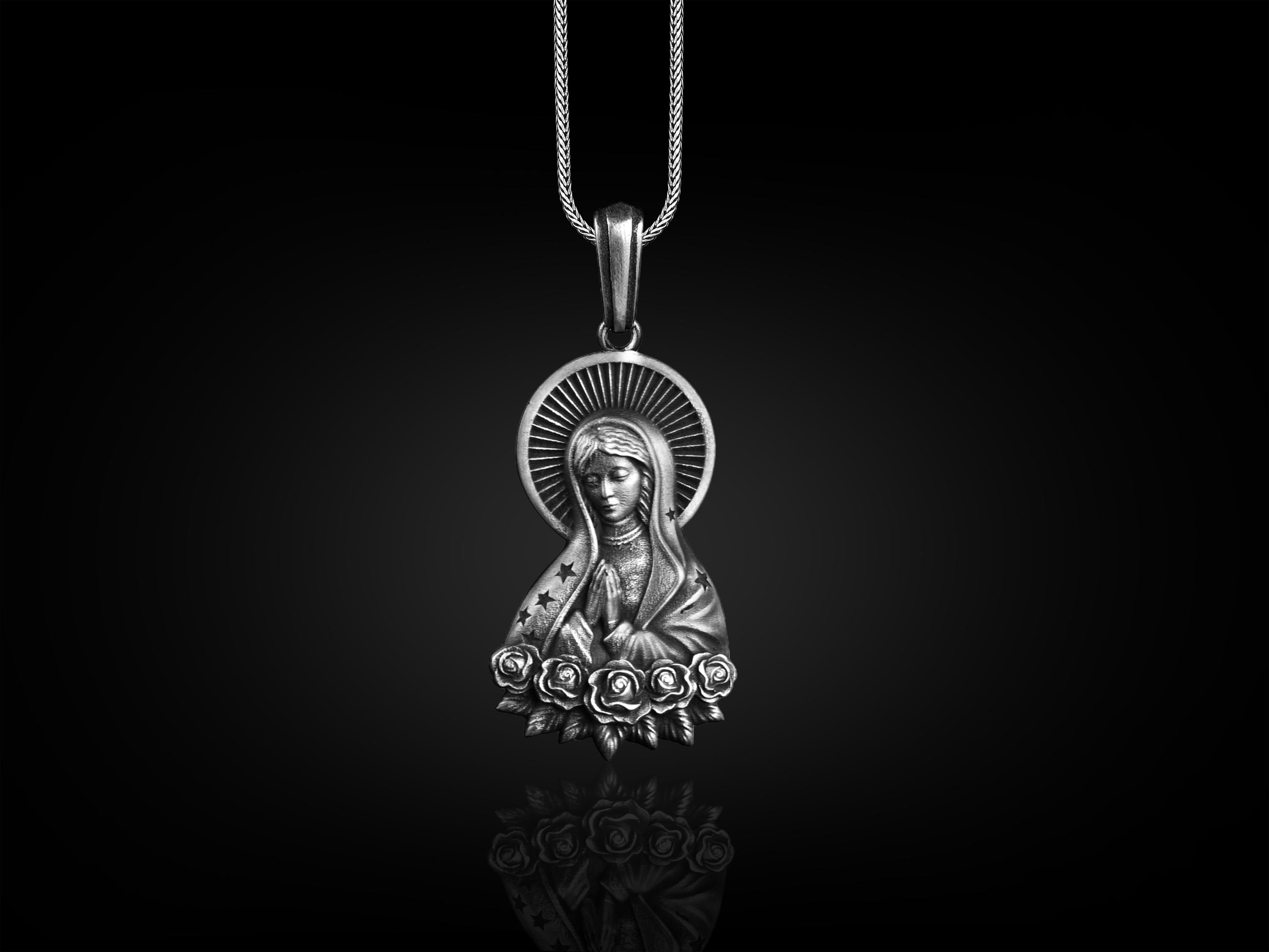 Virgin Mary in Prayer with Rose Necklace, Sterling Silver Mother Mary Necklace For Mama, Spiritual Necklace For Christian, Faith Necklace