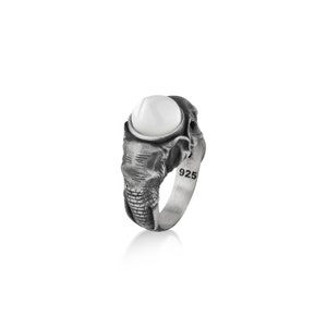 Sterling silver moonstone men ring with elephant, Pearl stone good luck handmade ring, White agate inspirational animal ring, Family ring