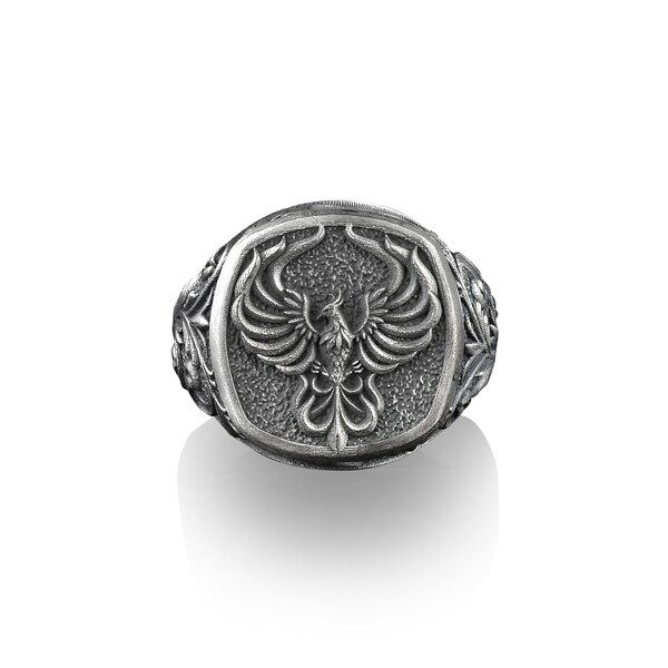 Chevalière oiseau phénix immortel, chevalière carrée en argent sterling, bijoux de la mythologie grecque, chevalière en or pour homme, anneaux auriculaires pour femme