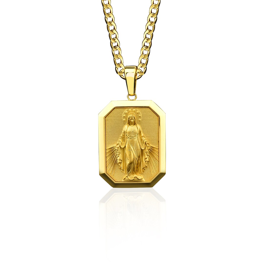 Miraculous Virgin Mary Gold Necklace, 14K Gold Holy Mother Mens Pendant ...