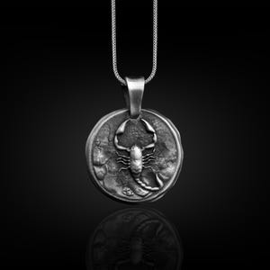 Scorpio Astrology Necklace in Silver, Engraved Scorpion Horoscope Necklace For Dad, Zodiac Sign Coin Necklace For Husband, Scorpio Gift