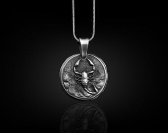 Scorpio Astrology Necklace in Silver, Engraved Scorpion Horoscope Necklace For Dad, Zodiac Sign Coin Necklace For Husband, Scorpio Gift