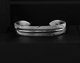 Eagle Feather Handmade Sterling Silver Men's Cuff Bracelet, Personalized Bangle Cuff Unisex Gift Jewelry