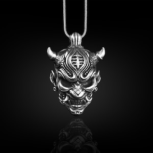 Oni Mask 3D Pendant Necklace For Men, Oxidized Hannya Mask Necklace in Silver, Demon Gothic Necklace For Boyfriend, Devil Punk Necklace