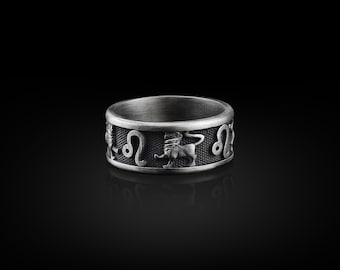 Anillo de alianza de plata Leo Lion 925, anillo personalizado de plata de ley, anillo de compromiso, anillo de bodas, joyería del zodíaco, regalo conmemorativo