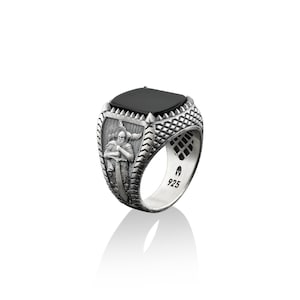 Viking god Kratos signet men ring, Sterling silver scandinavian norse mythology ring, Silver onyx mens ring, Best friend fantasy gift rings
