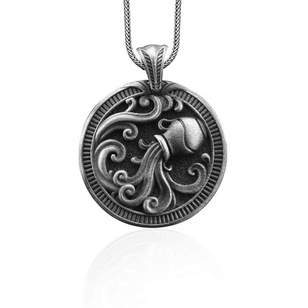 Aquarius Handmade Sterling Silver Men Charm Necklace, Aquarius Zodiac Sign Jewelry, Astrology Horoscope Necklace, Aquarius Birthday Gift