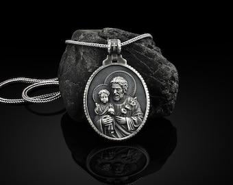 Saint Joseph Mens Necklace, Saint Joseph Silver Pendant, Silver Christian Medallion, Christian Jewelry, Saint Joseph and Baby Jesus Necklace