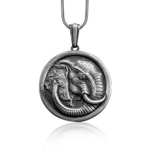 Elephant medallion necklace in silver, Elephant pendant for good luck, Oxidized coin necklace for men, Mystery necklace
