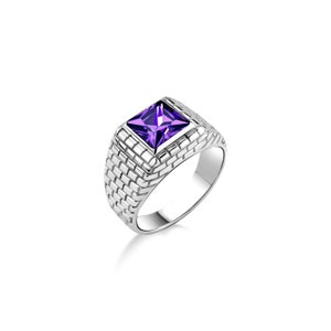 Square cut amethyst signet ring in sterling silver, Amethyst statement ring for men, Unique mens Purple stone sing