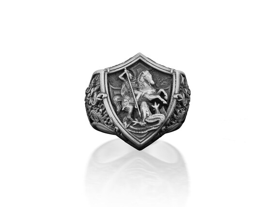Saint George Victorious and Dragonmens Silver Men Ring, Shield
